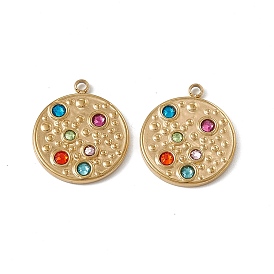 Vacuum Plating 201 Stainless Steel Pendants, Colorful Rhinestone Flat Round Charms