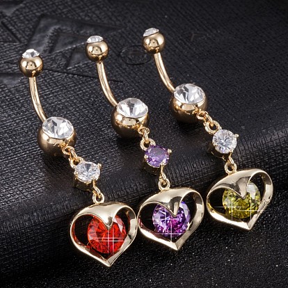 Piercing Jewelry, Brass Cubic Zirconia Navel Ring, Belly Rings, with Surgical Stainless Steel Bar, Cadmium Free & Lead Free, Heart