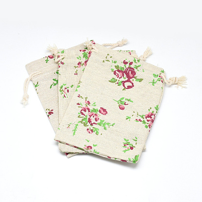 Polycotton(Polyester Cotton) Packing Pouches Drawstring Bags, with Printed Flower