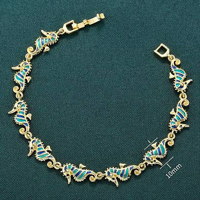 Браслеты-цепочки из латунной эмали с бирюзовым морским коньком
