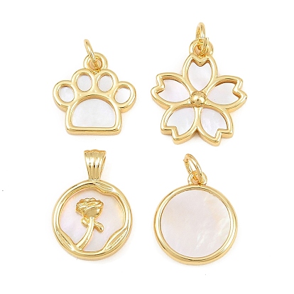 Brass with White Shell Pendants, Paw Print/Flat Round/Flower Charms
