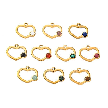 Природные каменные смешанные подвески, ионное покрытие (ip) 304 подвески в форме сердца из нержавеющей стали, реальный 18 k позолоченный, смешанные окрашенные и неокрашенные