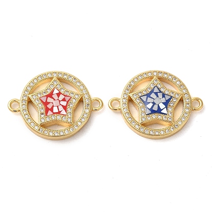 Anillo de circonio cúbico transparente micro pavé de latón chapado en estante con dijes de conector de eslabones de estrella, con esmalte y concha, real 18 k chapado en oro, larga duración plateado, sin plomo y el cadmio