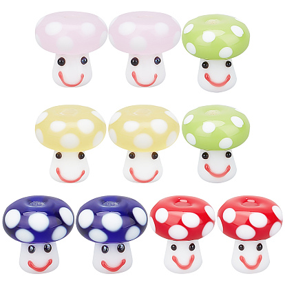 10Pcs 5 Colors Handmade Lampwork Beads, Smiling Face Mushroom Beads
