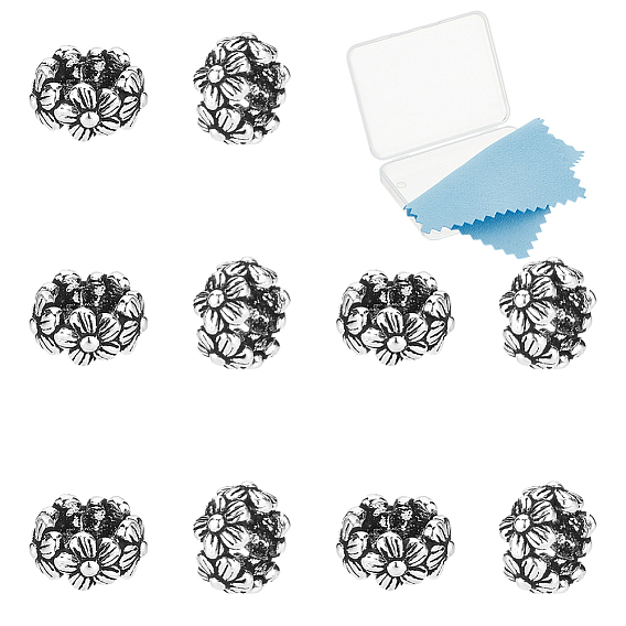 10Pcs 925 Sterling Silver Spacer Beads, Flower, with Suede Fabric Square Silver Polishing Cloth