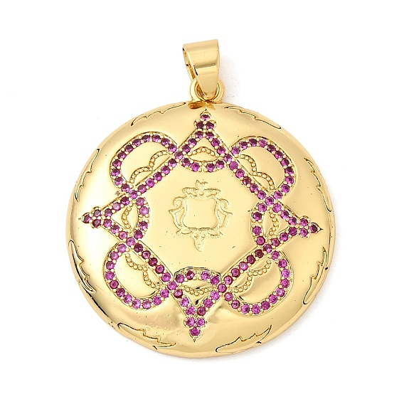 Кулоны из латуни с микропейвом и темно-розовыми фианитами, плоский круглый с цветными чарами, без свинца и без кадмия, долговечный, стойки покрытие
