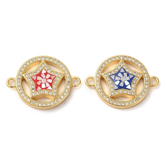 Rack Plating Brass Micro Pave Clear Cubic Zirconia Ring with Star Links Connector Charms, with Enamel & Shell, Real 18K Gold Plated, Long-Lasting Plated, Lead Free & Cadmium Free