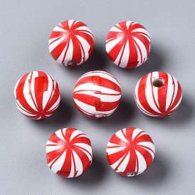 Painted Natural Wood European Beads, Large Hole Beads, Printed, Round with Stripe