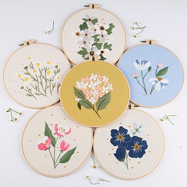 Kits de peinture de broderie de motifs de fleurs à faire soi-même, y compris le tissu en coton imprimé, fil à broder et aiguilles, cercle à broder rond