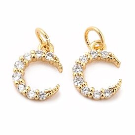 Rack Plating Brass Micro Pave Cubic Zirconia Pendants, Long-Lasting Plated, with Jump Ring, Moon