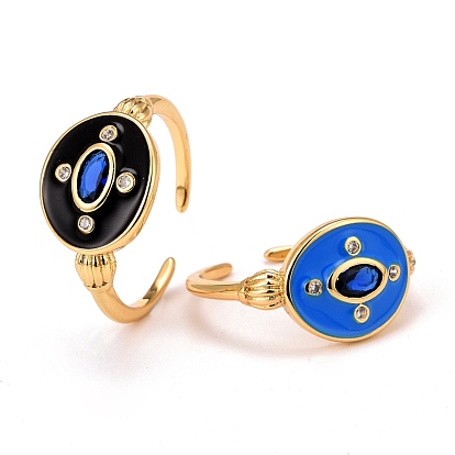 Real 18K Gold Plated Brass Cubic Zirconia Cuff Ring, Enamel Oval Dome Open Signet Ring for Women, Lead Free & Cadmium Free & Nickel Free