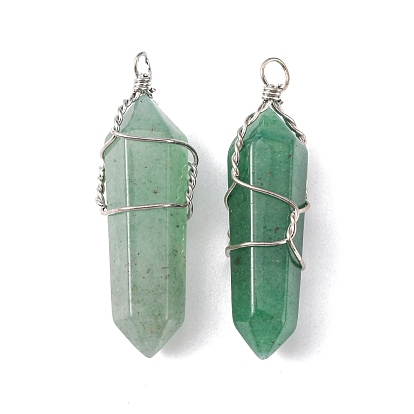 Brass Wire Wrapped Gemstone Pendants, 36x8mm, Hole: 2mm