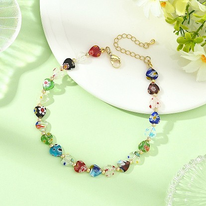 Heart Handmade Millefiori Glass Beaded Anklets for Women, Golden