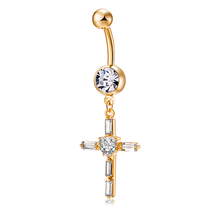 Piercing Jewelry, Brass Cubic Zirconia Navel Ring, Belly Rings, with Surgical Stainless Steel Bar, Cadmium Free & Lead Free, Cross
