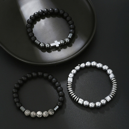 3Pcs 3 Style Synthetic Non-magnetic Hematite & Map Stone Beaded Stretch Bracelets Set, Cross Stackable Bracelets