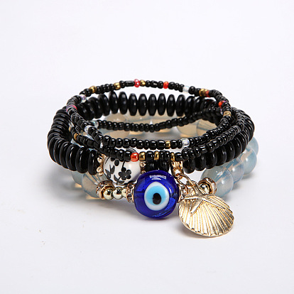 Bohemian Multi-layer Bracelet Set with Metal Shells and Evil Eye Charm Jewelry