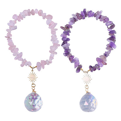 2 шт. 2 стили подвеска с натуральным розовым кварцем и аметистовым чипом, со стеклянными каплями и латунными солнечными подвесками