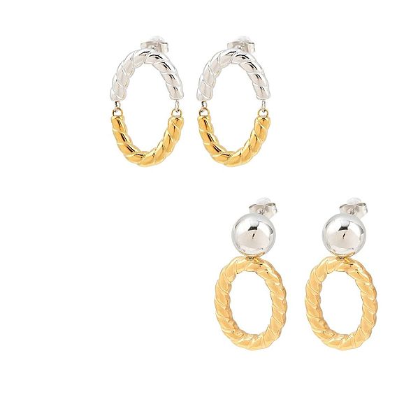 Двухцветные 304 серьги-гвоздики из нержавеющей стали, овальные, цепочка-оберег