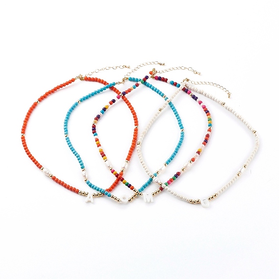 Ожерелья с подвесками из натуральных ракушек, с бусинами из синтетической бирюзы и бусинами из натурального жемчуга, буквы, золотые