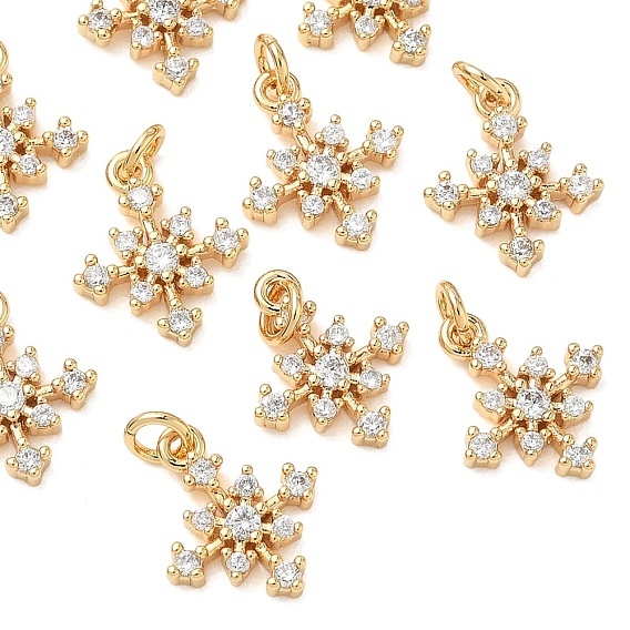 SHEGRACE Brass Micro Pave Cubic Zirconia Pendants, Snowflake Charms, Cadmium Free & Nickel Free & Lead Free, Clear