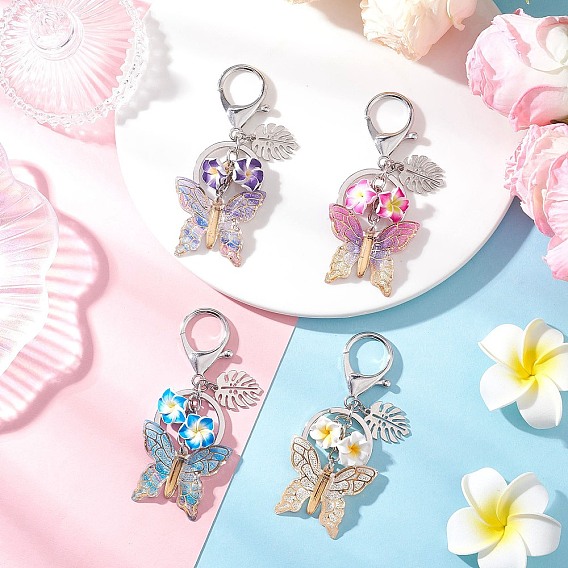 4 шт. прозрачные акриловые подвесные украшения, с фарфоровым цветком и железными застежками, бабочка, платина