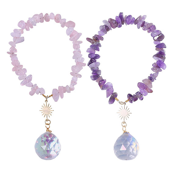 2 шт. 2 стили подвеска с натуральным розовым кварцем и аметистовым чипом, со стеклянными каплями и латунными солнечными подвесками