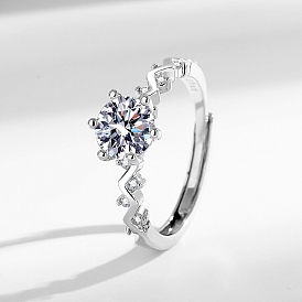 Родиевое покрытие 925 регулируемые кольца из стерлингового серебра с микропаве циркония, прозрачные круглые кольца-солитеры со стразами из муассанита для женщин