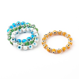 Round Evil Eye Lampwork Beaded Stretch Bracelets, with Brass Rhinestone Beads, Silver Color Plated