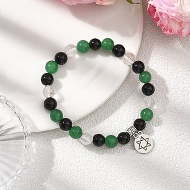 Не тускнеющие 201 браслеты с подвесками из нержавеющей стали, Женские эластичные браслеты с круглыми бусинами и натуральными смешанными драгоценными камнями, плоские круглые со звездой Давида