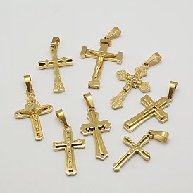304 Stainless Steel Pendants, with Rhinestone, Mixed Style, Golden Metal Color, Cross, 28~33x15~22x2.5~6mm, Hole: 7x4mm