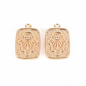 Brass Micro Pave Clear Cubic Zirconia Pendants, Nickel Free, Rectangle with Hamsa Hand