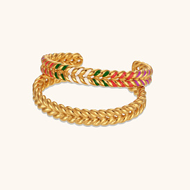 Colorful Drip Oil Bangle Bracelet with Wheat Pattern Weaving, Stainless Steel 18K Plated Jewelry for Women