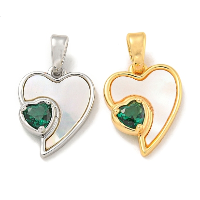 Brass Micro Pave Cubic Zirconia Pendants, Cadmium Free & Nickel Free & Lead Free, with Shell, Heart, Green