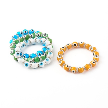 Round Evil Eye Lampwork Beaded Stretch Bracelets, with Brass Rhinestone Beads, Silver Color Plated