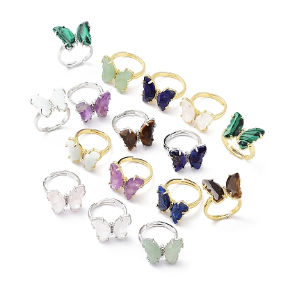 Natural & Synthetic Mixed Gemstone Butterfly Adjustable Rings, Brass Jewelry for Women, Cadmium Free & Lead Free