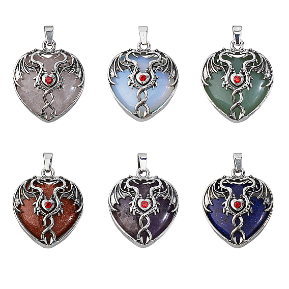 6 шт. 6 стили натуральный аметист, зеленый авантюрин и розовый кварц, подвески в форме сердца с двойным драконом, обернутым в металлическую оболочку из кунжутной яшмы, синтетического авантюрина и опалита, античное серебро, окрашенные и неокрашенные