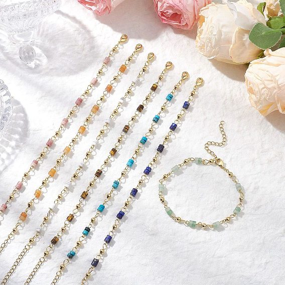 304 Браслеты из нержавеющей стали с натуральными драгоценными камнями для женщин, плоско-круглые, золотые