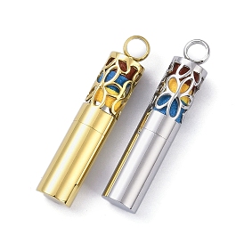 Ion Plating(IP) Openable 304 Stainless Steel Perfume Bottle Pendants, with Perfume Pad, Column with Flower Charm
