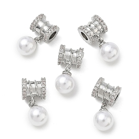 SHEGRACE Brass Micro Pave Cubic Zirconia Tube Beads, with ABS Imitation Pearl, Cadmium Free & Lead Free & Nickel Free