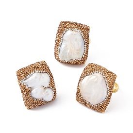 Natural Pearl Rectangle Open Cuff Ring with Rhinestone, Alloy Chunky Ring for Women