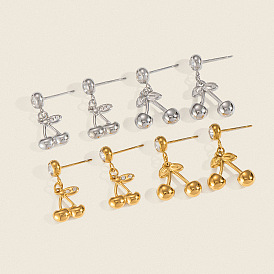 304 серьги-гвоздики с подвесками в виде вишен из нержавеющей стали, с четким кубического циркония