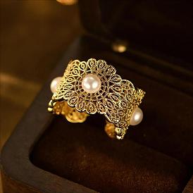 Винтажные латунные кольца-манжеты с искусственным жемчугом для женщин., цветок