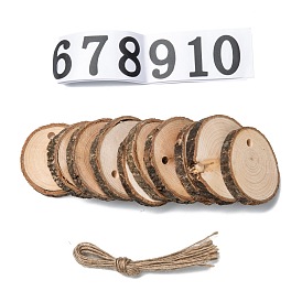 Flat Round Wood Big Pendant Decorations, with Hemp Rope and Paper Number Stickers