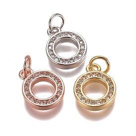 Brass Micro Pave Clear Cubic Zirconia Charms, with Jump Rings, Round Ring Shape