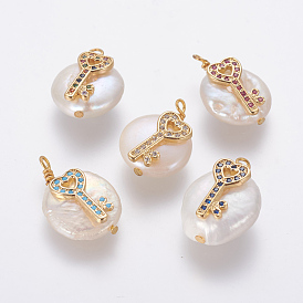 Pendentifs de perles d'eau douce de culture naturelle, avec accessoires zircon cubique micro pave en laiton, pépites avec clé de coeur, or