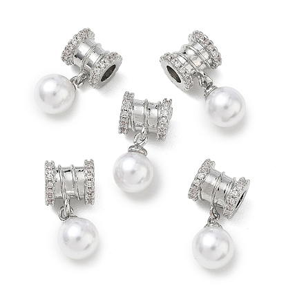 SHEGRACE Brass Micro Pave Cubic Zirconia Tube Beads, with ABS Imitation Pearl, Cadmium Free & Lead Free & Nickel Free