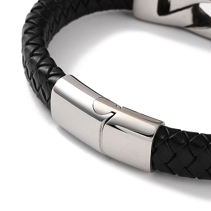Men's Braided Black PU Leather Cord Bracelets, Hollow Rectangle 304 Stainless Steel Link Bracelets with Magnetic Clasps