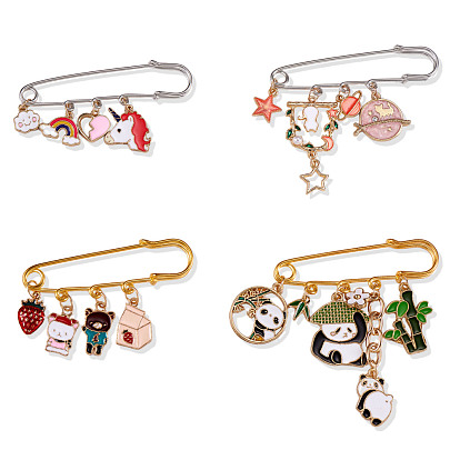 4Pcs 4 Style Unicorn & Planet & Bear & Panda Enamel Charms Safety Pins Brooches, Alloy Badges for Sweater Shirt Dresses Decoration Accessories