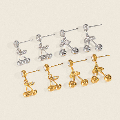 304 серьги-гвоздики с подвесками в виде вишен из нержавеющей стали, с четким кубического циркония