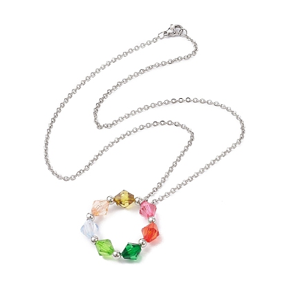 Colorful Acrylic Beaded Ring Pendant Necklaces, with 304 Stainless Steel Cable Chains